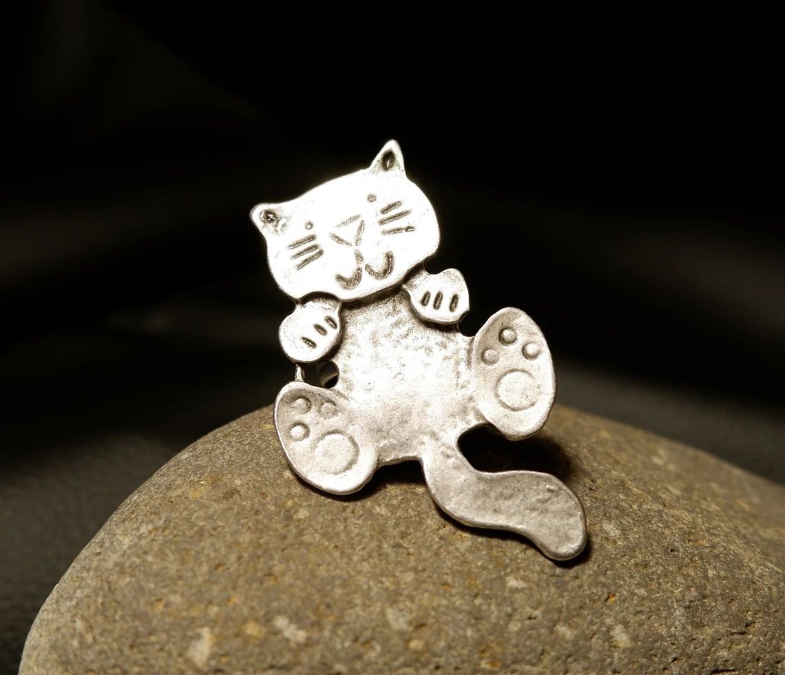 Büyük Kedi El Yapımı Gümüş Kaplama Ayarlanabilir Yüzük