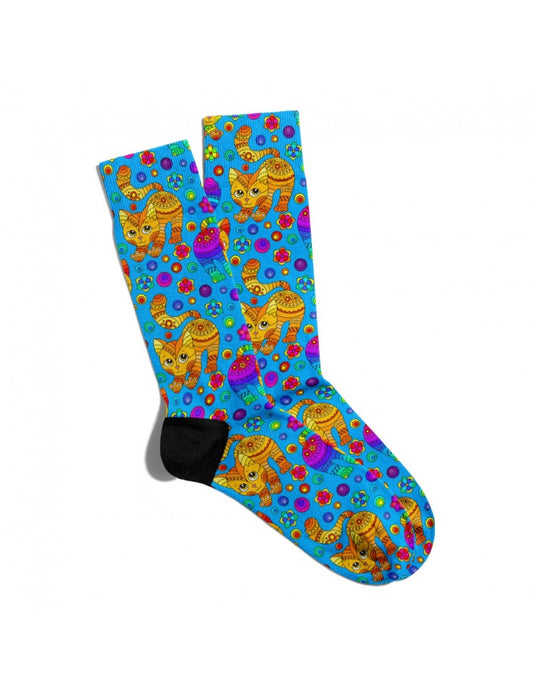 Mavi Turuncu Mandala Kedi - TontikShop Pati Dostaları için Kedi - Köpek Desenli Eğlenceli Çoraplar Serisi