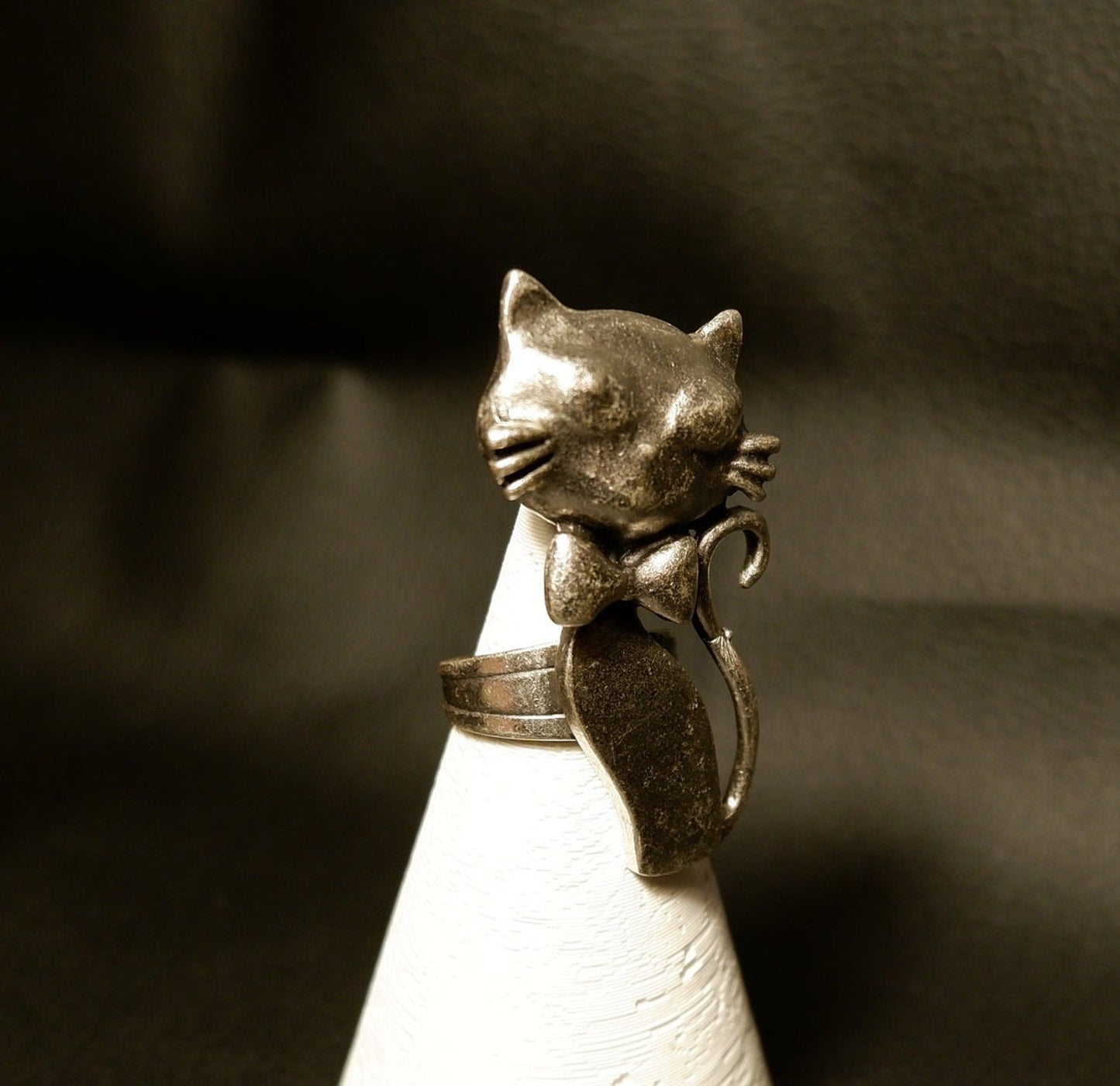 Şık Kedi El Yapımı Gümüş Kaplama Ayarlanabilir Yüzük